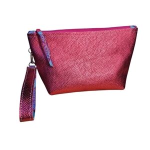 Handcrafted Genuine Leather Metallic Pink Cosmetic Bag Wristlet Clutch